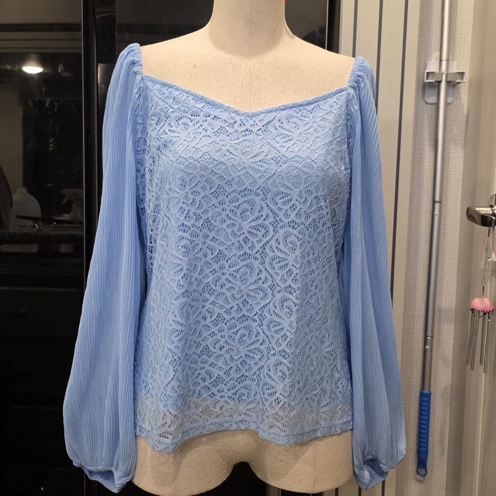 Boston Proper Sky Blue Lace Top - Picture 2 of 8